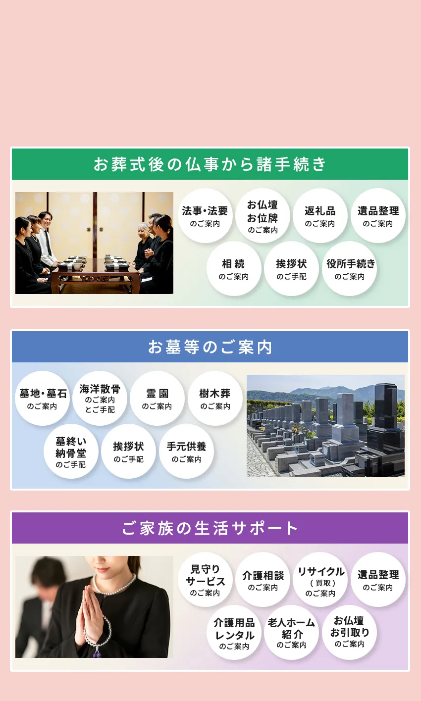お葬式後の仏事から諸手続き お墓などのご案内 ご家族の生活サポート